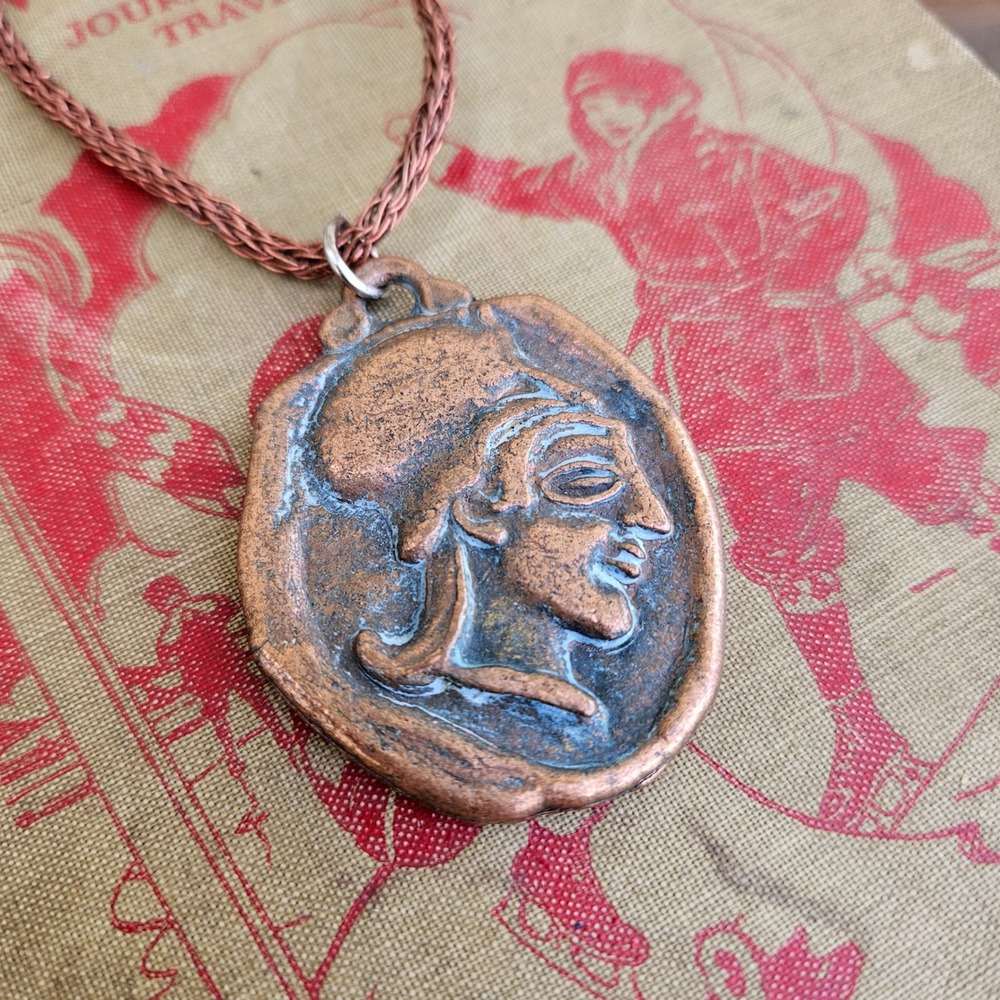 Men's Copper Pegasus Coin Pendant Necklace Braided Wire Greek Roman Heavy Cast